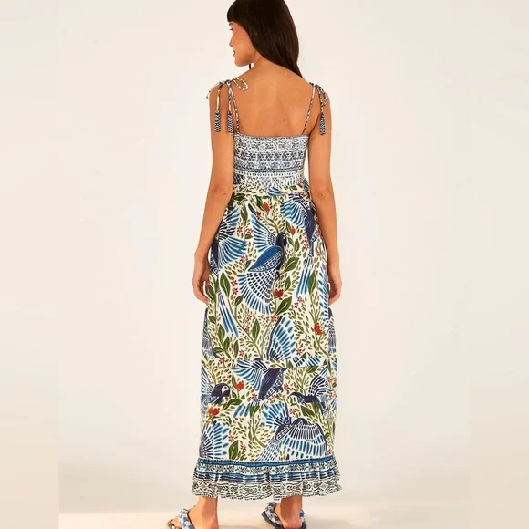 Off White Macaw Flight Smocked Maxi Dress FARM Rio - Picture 4 of 6